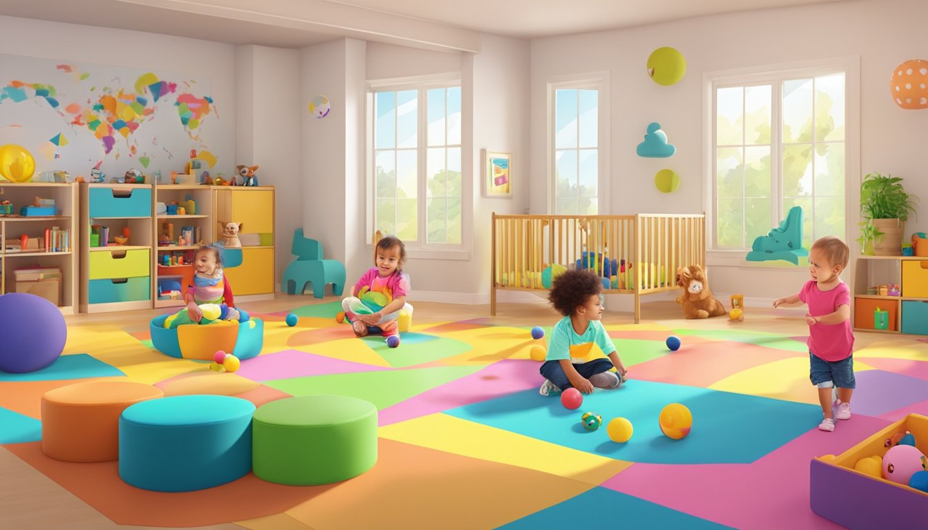 A colorful playpen surrounded by curious children in a bright and spacious playroom