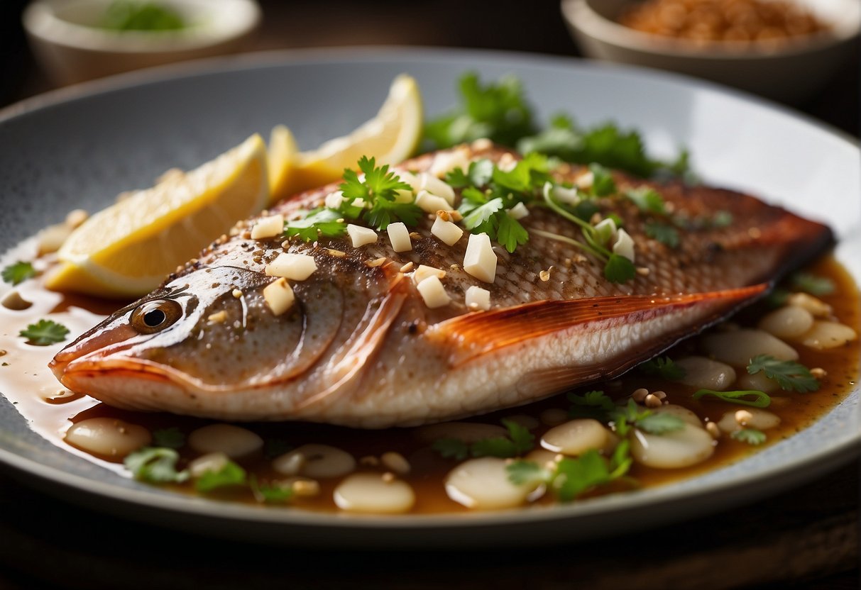 A whole red snapper being marinated in a mixture of soy sauce, ginger, and garlic, with sliced scallions and cilantro sprinkled on top