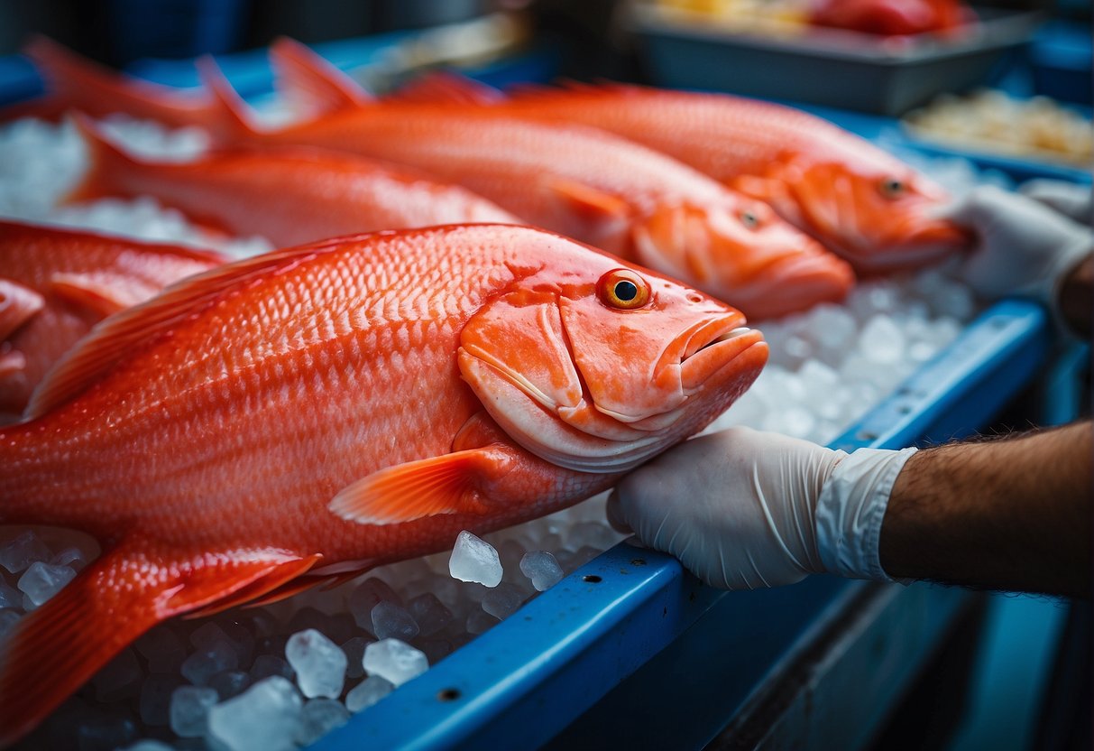 A hand reaches for a fresh red snapper fillet at a fish market. The vibrant red color of the fish stands out against the ice
