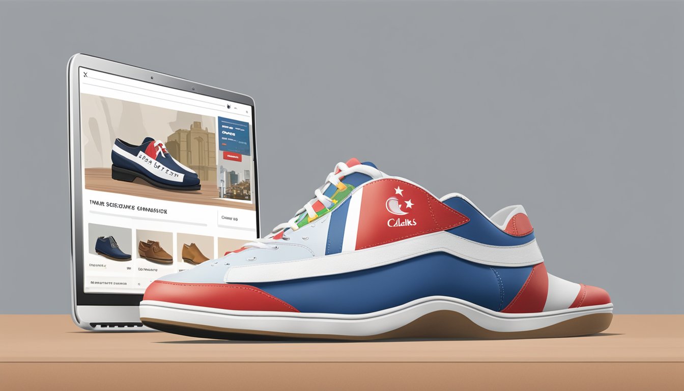 A computer screen displaying the Clarks shoes website with the Singapore flag in the corner