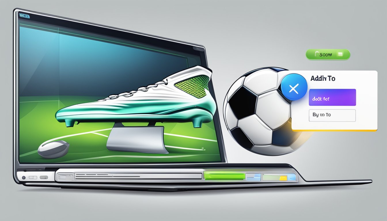 A computer screen with a soccer boot image, a cursor clicking "add to cart," and a "buy now" button