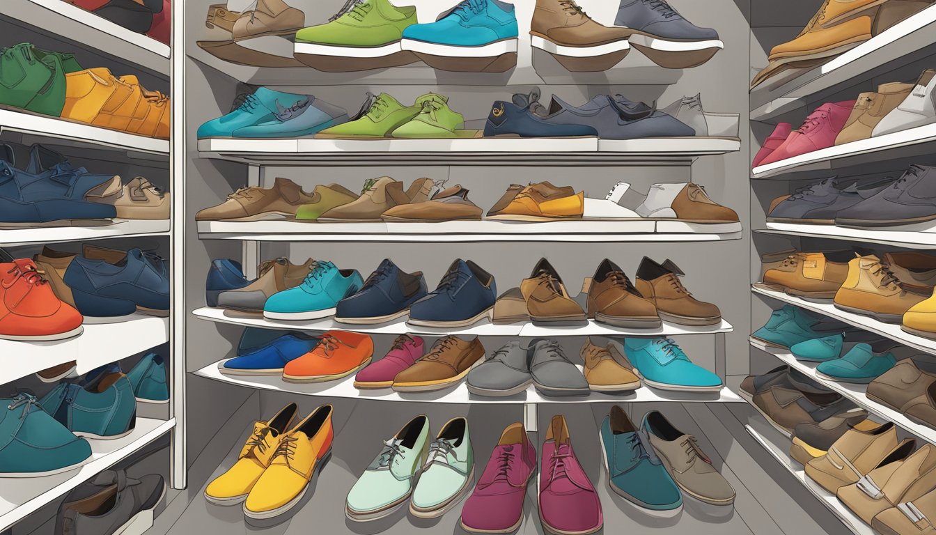 A colorful array of Clarks shoes displayed on shelves, with the latest collection highlighted online