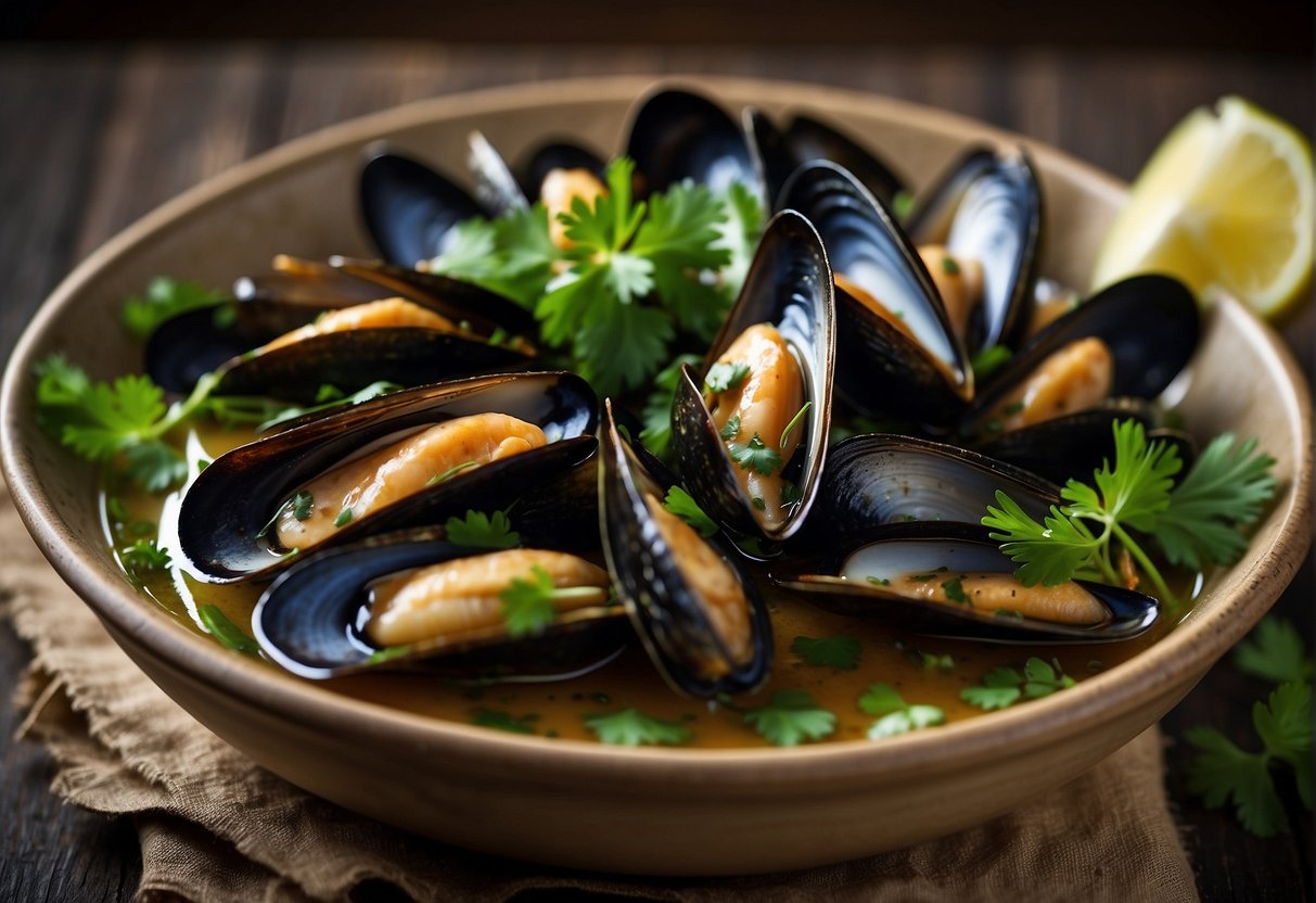Fresh mussels steaming in a fragrant broth of ginger, garlic, and soy sauce, garnished with green onions and cilantro