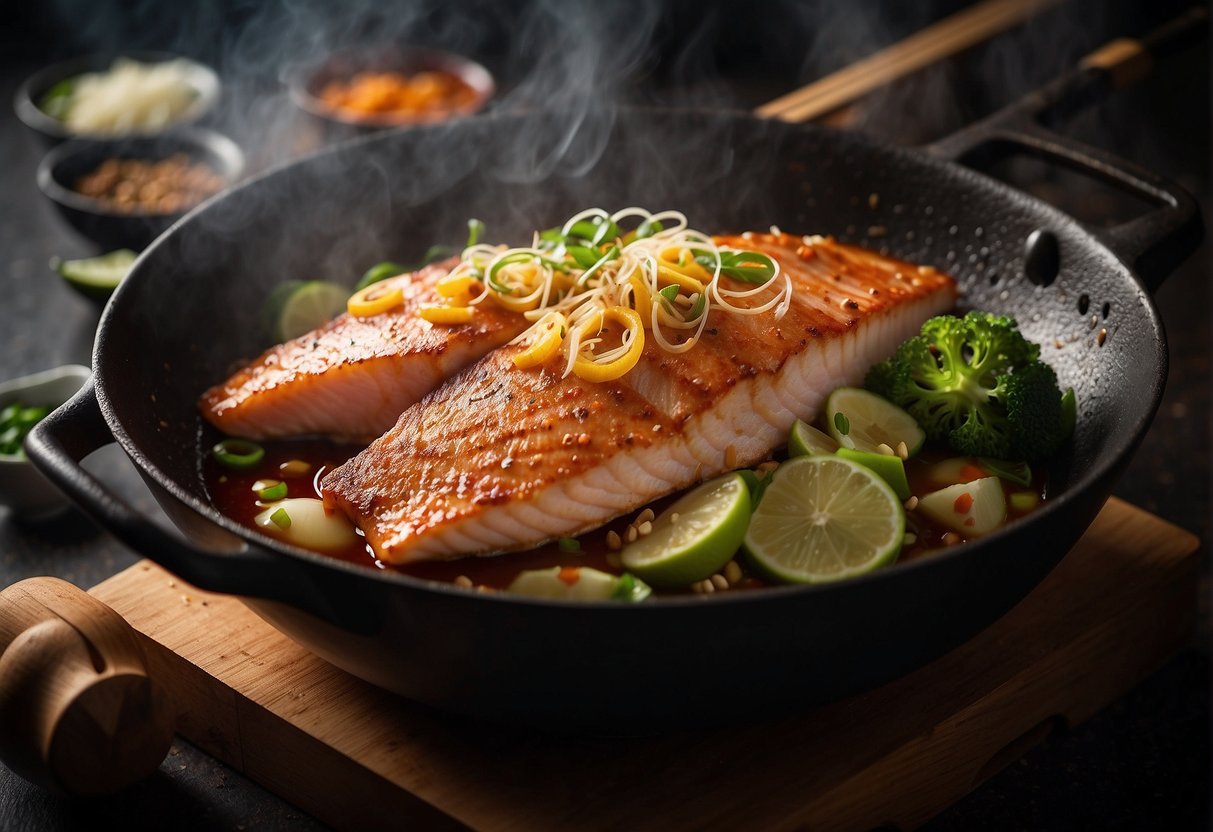 Red snapper fillet sizzling in a wok with ginger, garlic, and soy sauce. Steam rising, chopsticks stirring