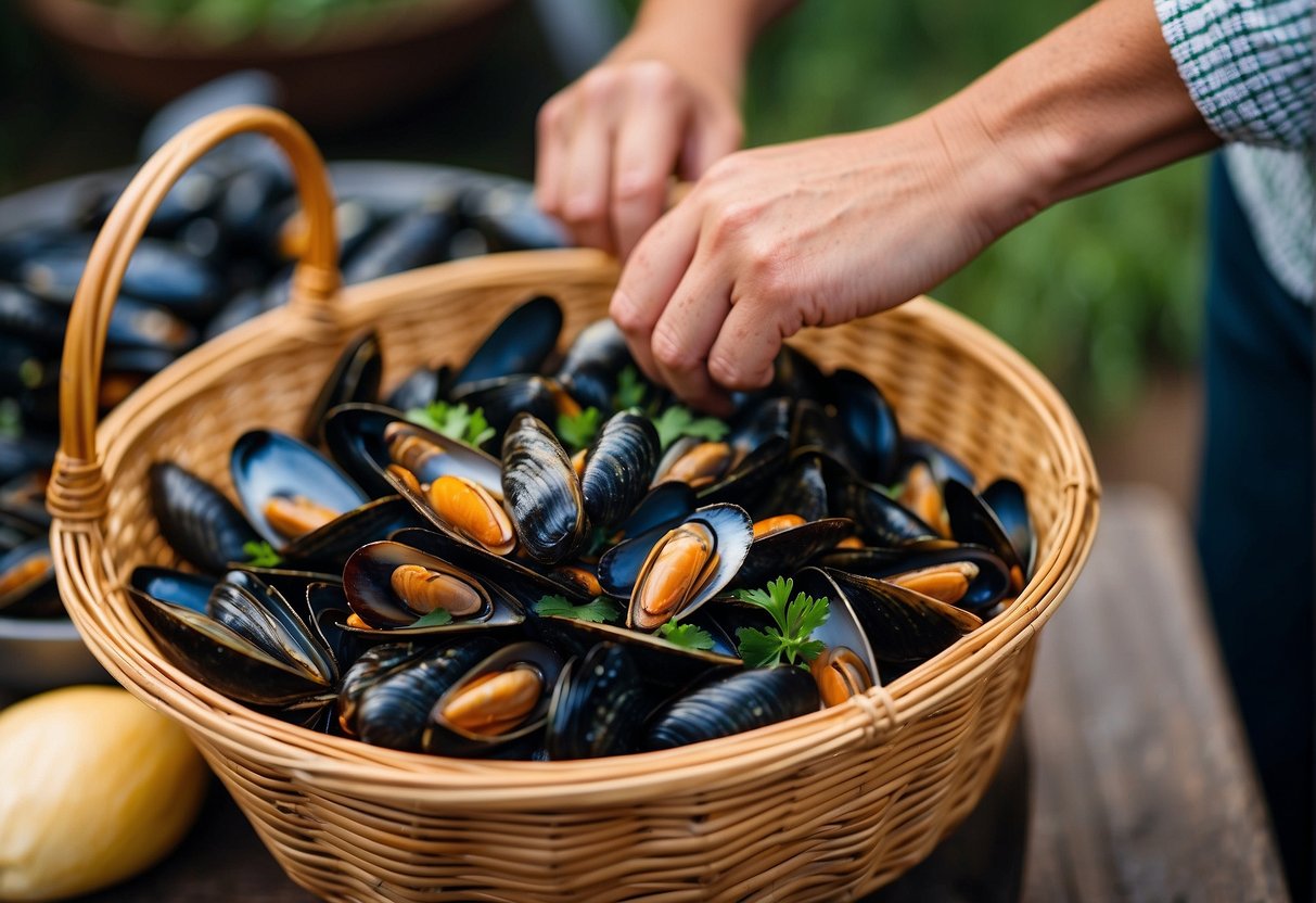 A hand reaches into a basket of fresh mussels, carefully selecting the best ones for a Chinese mussels recipe