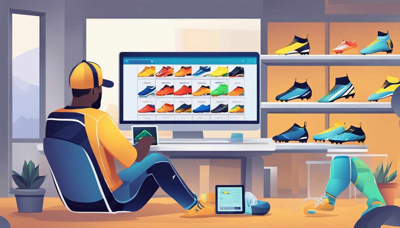 A player sits at a computer, browsing a website for cheap soccer boots. Various options are displayed on the screen, with different styles and colors to choose from