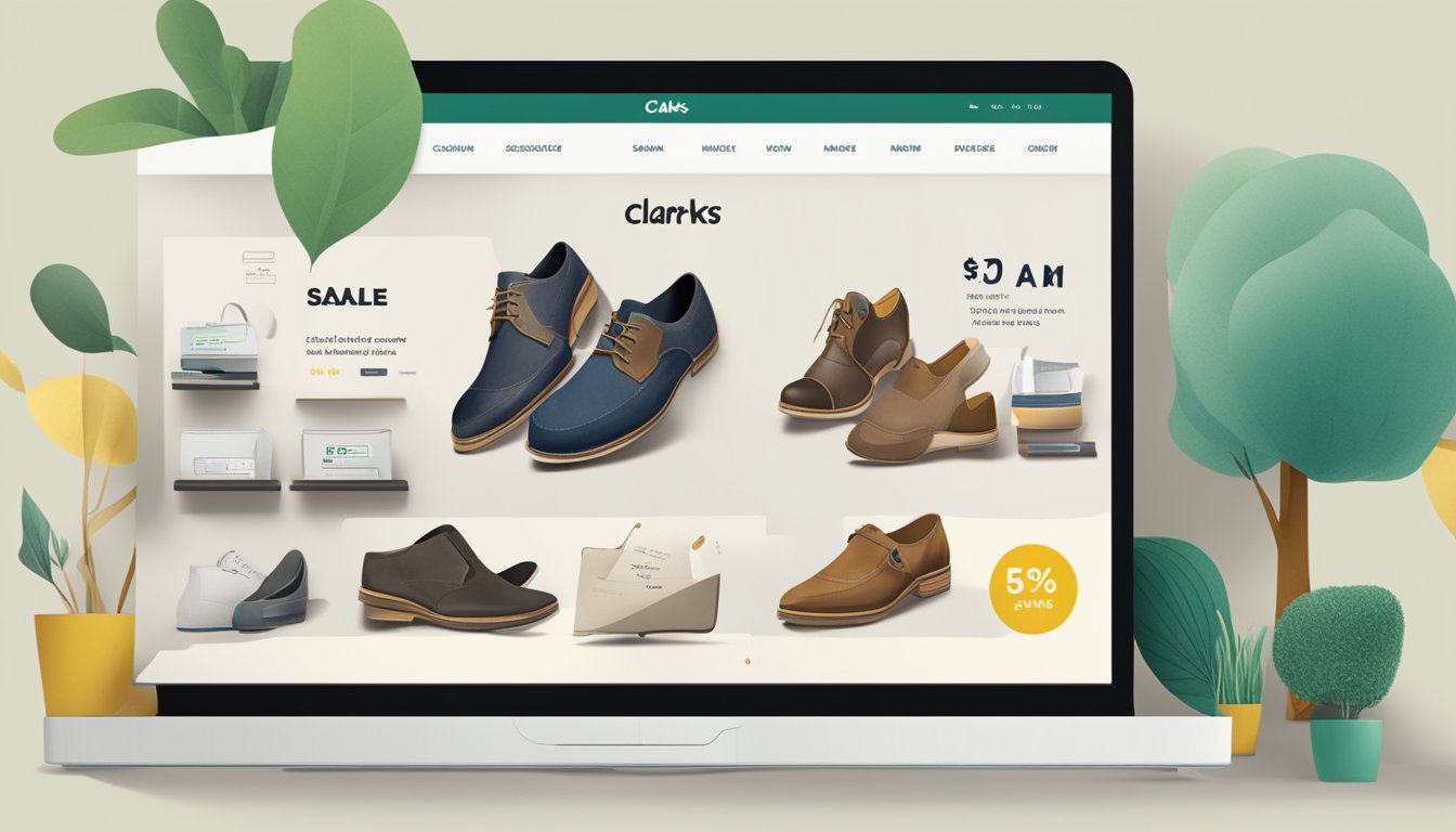 A computer screen displaying a variety of Clarks shoes on a website, with a "sale" banner and discounted prices highlighted