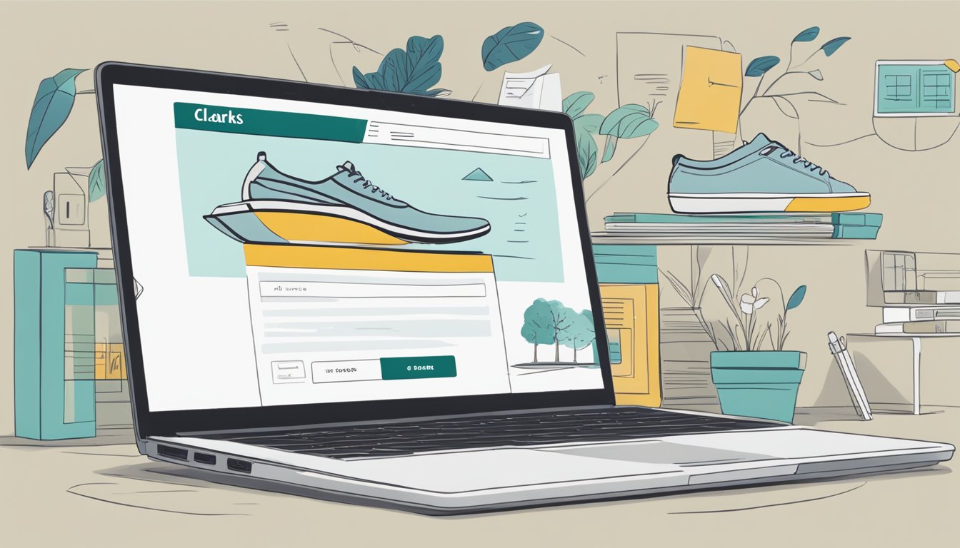 A laptop open to a website with a "Frequently Asked Questions" section about buying Clarks shoes online in Singapore