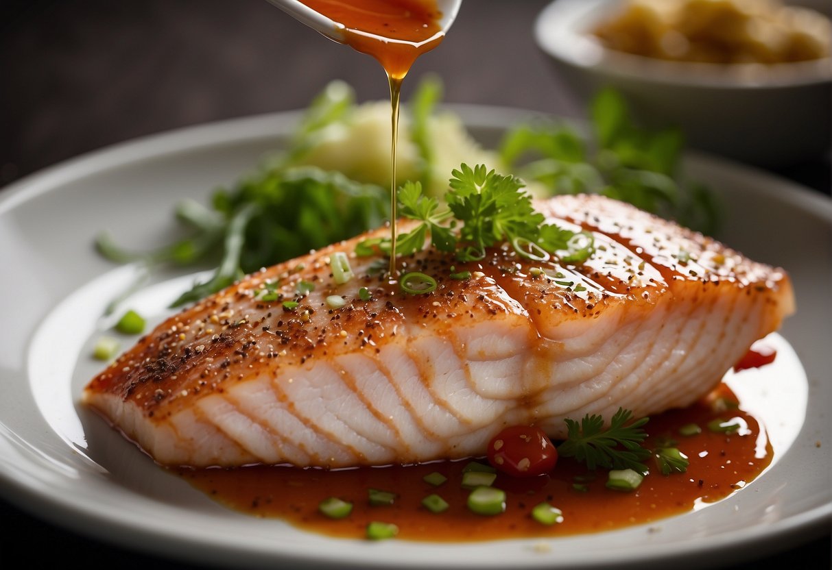 A red snapper fillet is being drizzled with a savory Chinese sauce and sprinkled with a blend of aromatic seasonings