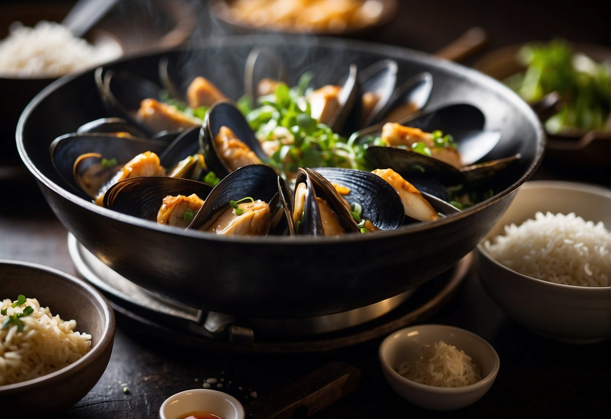A wok sizzles as mussels, ginger, and garlic cook in soy sauce and broth. Bowls of rice and chopsticks sit nearby