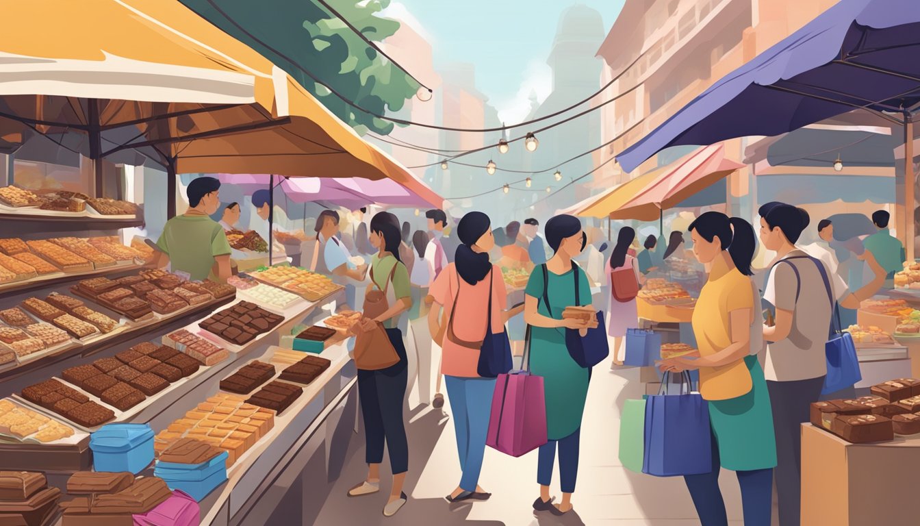 A bustling Singapore marketplace with a colorful array of brownies on display, enticing aromas filling the air