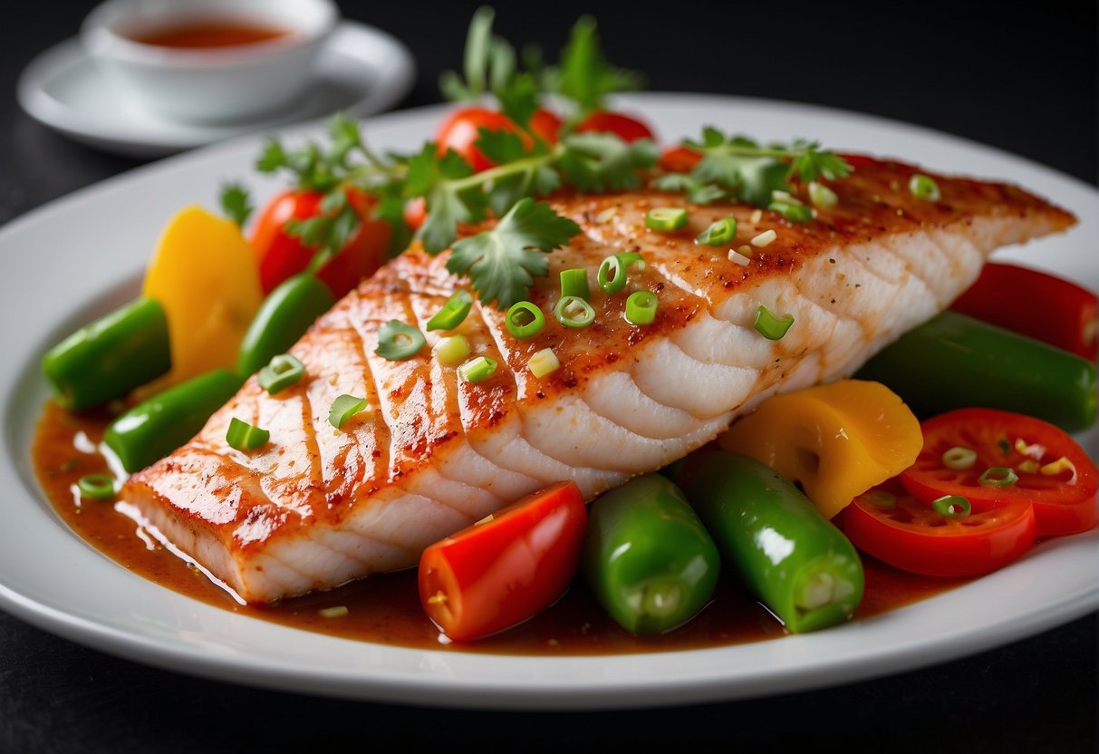 A red snapper fillet is elegantly arranged on a white plate, garnished with vibrant green scallions and colorful bell peppers, drizzled with a savory Chinese sauce