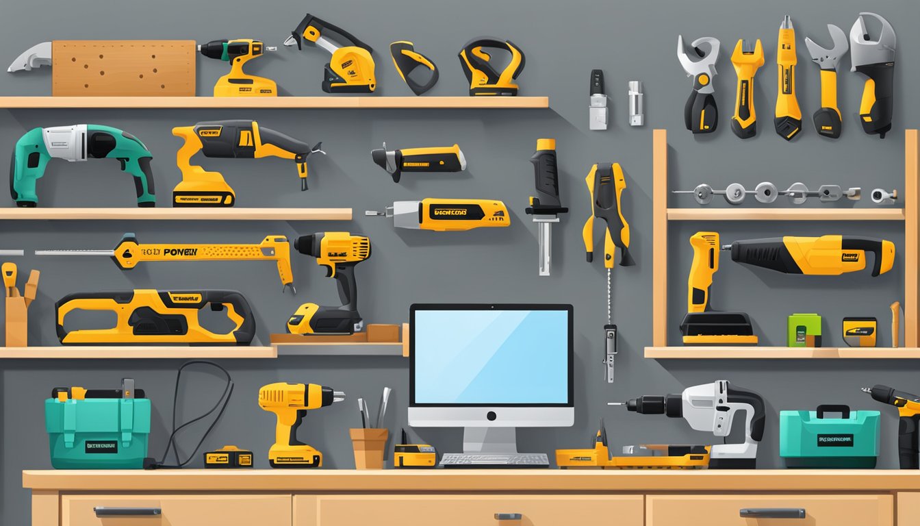 A workbench with various power tools neatly organized on the wall. A computer displaying a website for buying power tools online
