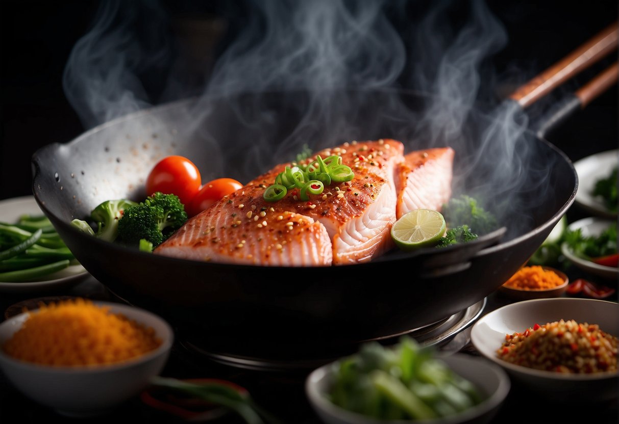 A red snapper fillet being cooked in a wok with Chinese spices and vegetables, steam rising, chopsticks nearby