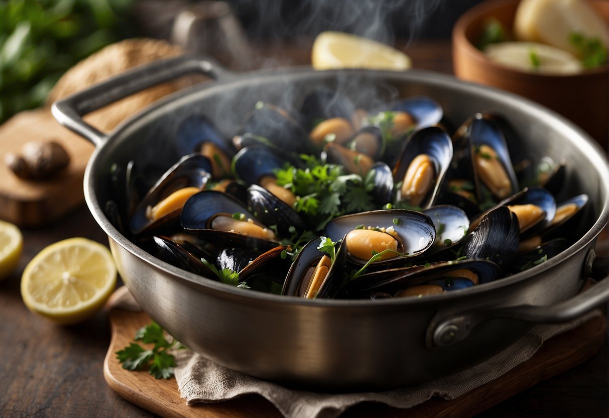 Mussels simmer in a savory broth with ginger, garlic, and soy sauce. Steam rises from the pot as the aroma of the cooking mussels fills the air