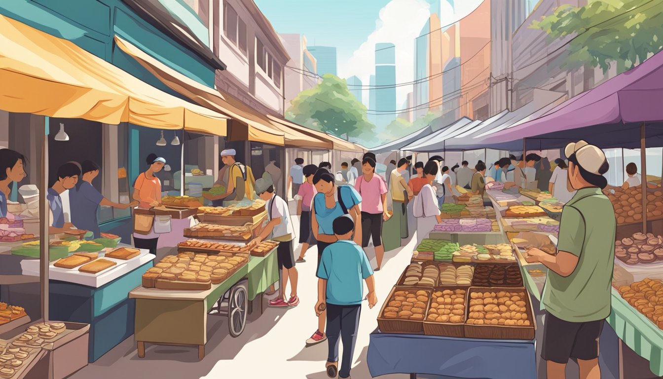 A bustling street market in Singapore, with colorful stalls selling various baked goods. A sign prominently displays "Brownies" in bold letters at a popular bakery