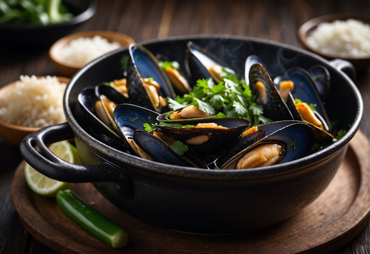 A steaming pot of Chinese mussels with ginger, garlic, and green onions, garnished with cilantro and served with a side of steamed rice