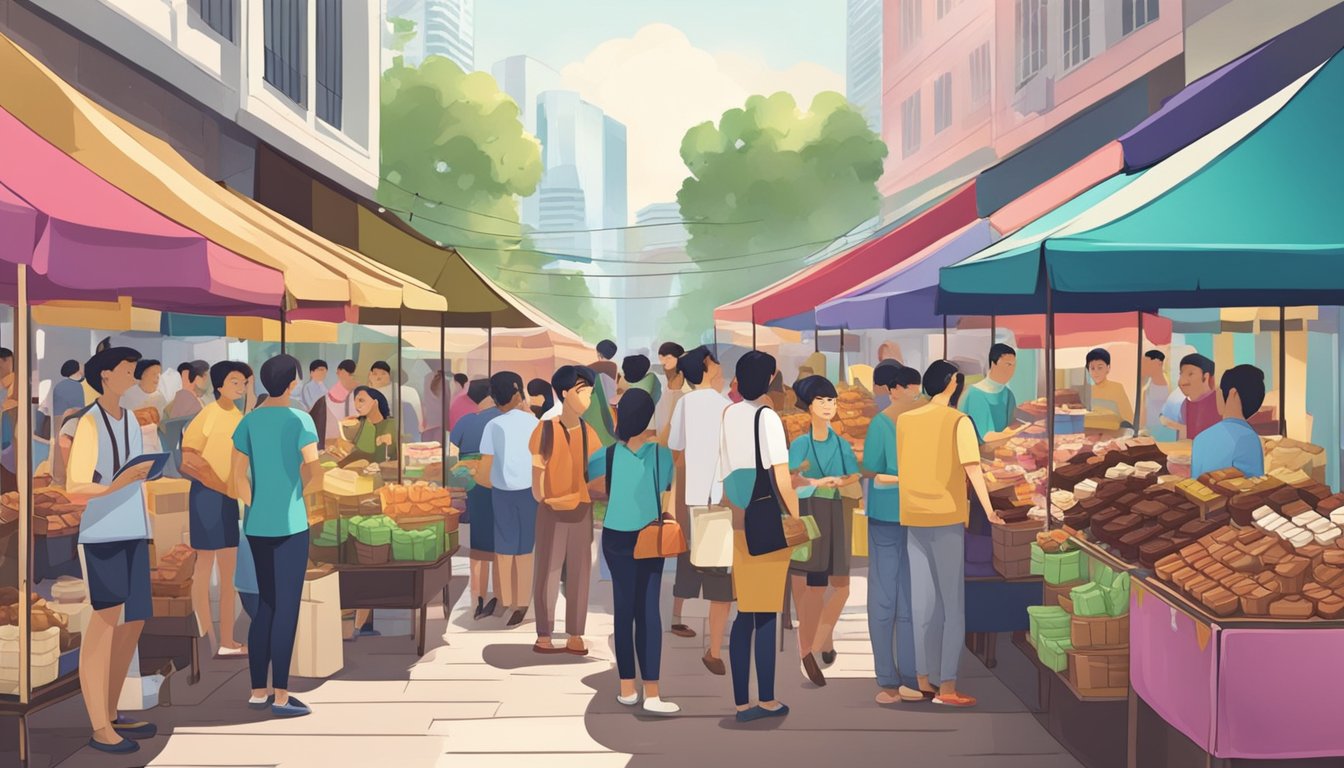 A bustling Singapore market with colorful stalls selling brownies and customers asking vendors questions