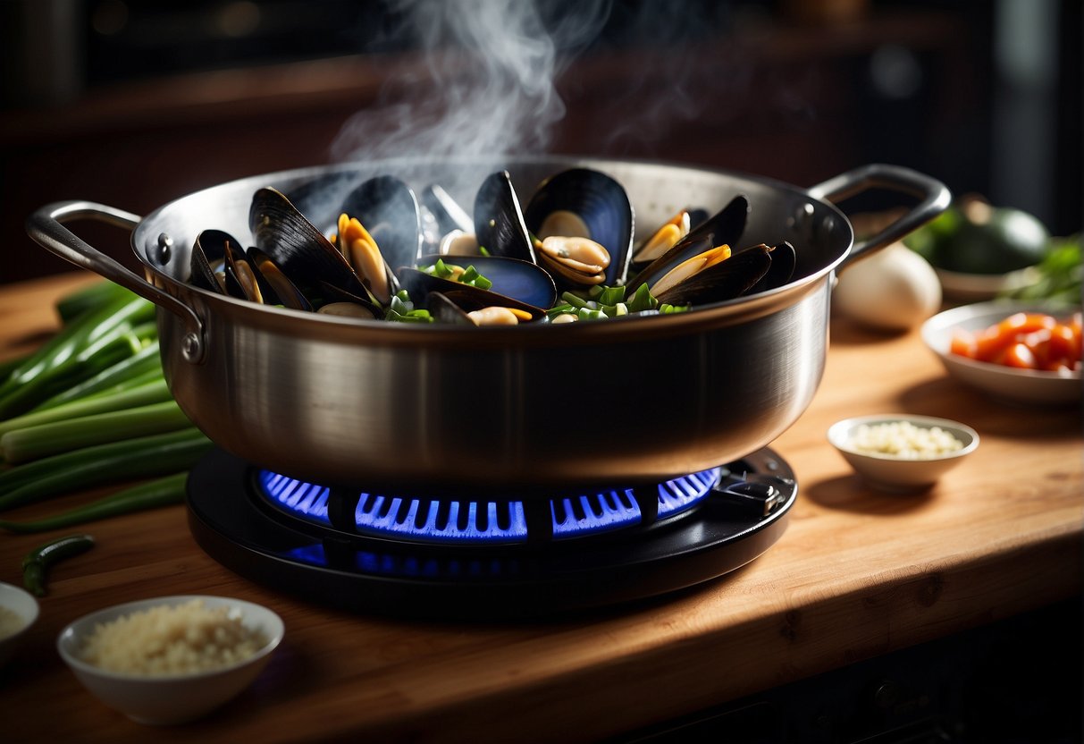 A pot simmers on a stove, steam rising. A wooden cutting board holds fresh mussels, ginger, and garlic. A wok sizzles with soy sauce and green onions