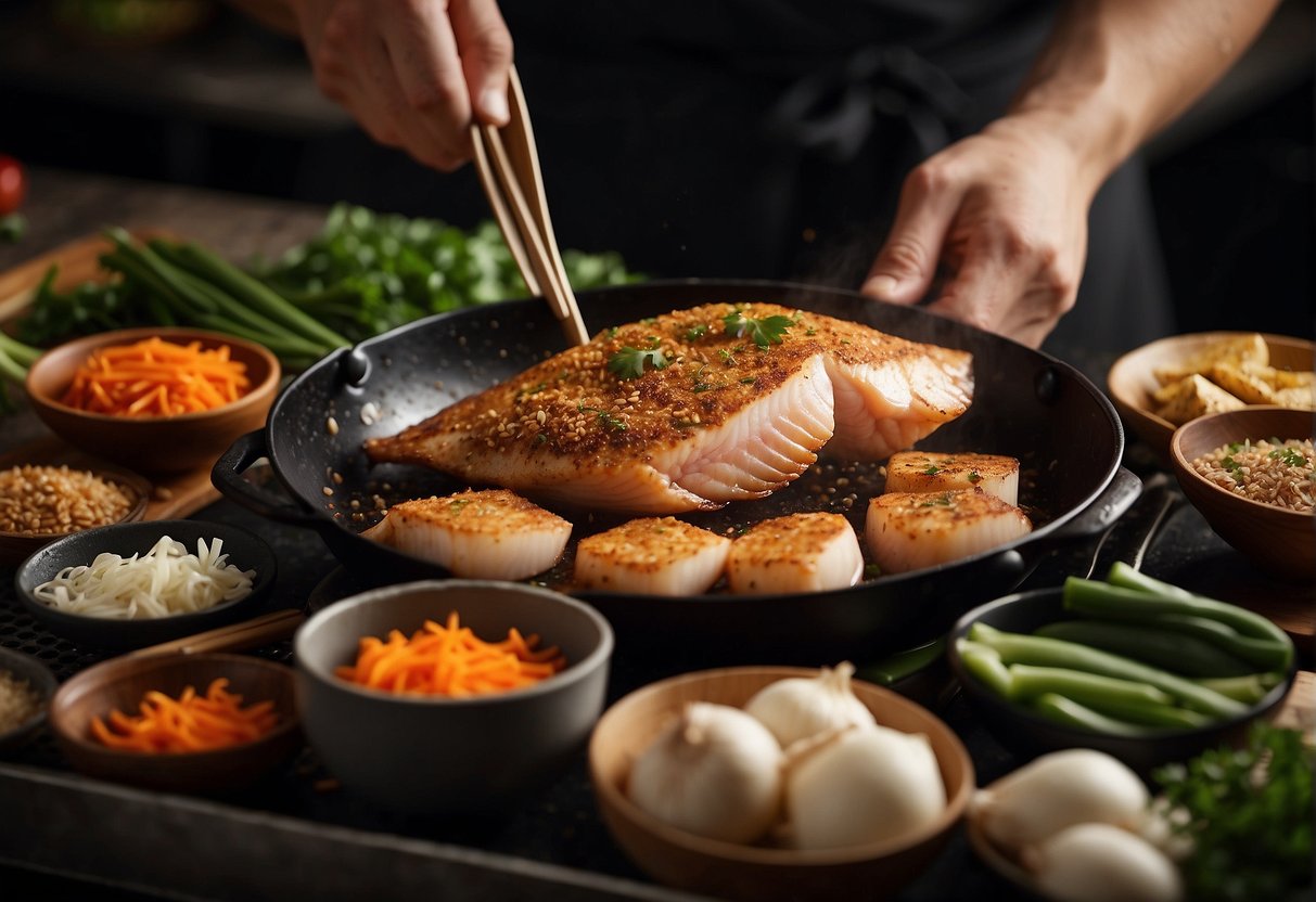 A chef prepares a red tilapia dish with Chinese seasonings in a sizzling wok, surrounded by traditional ingredients like ginger, garlic, and green onions