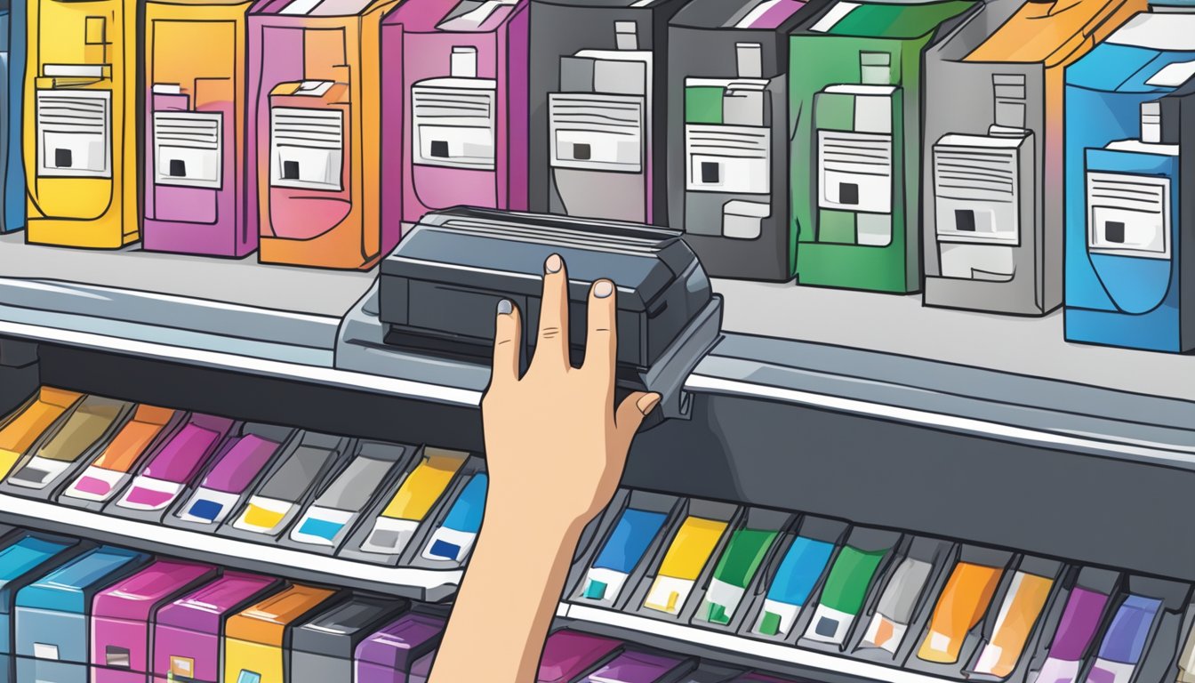 A hand reaching for a printer ink cartridge on a shelf, with various ink options displayed in the background