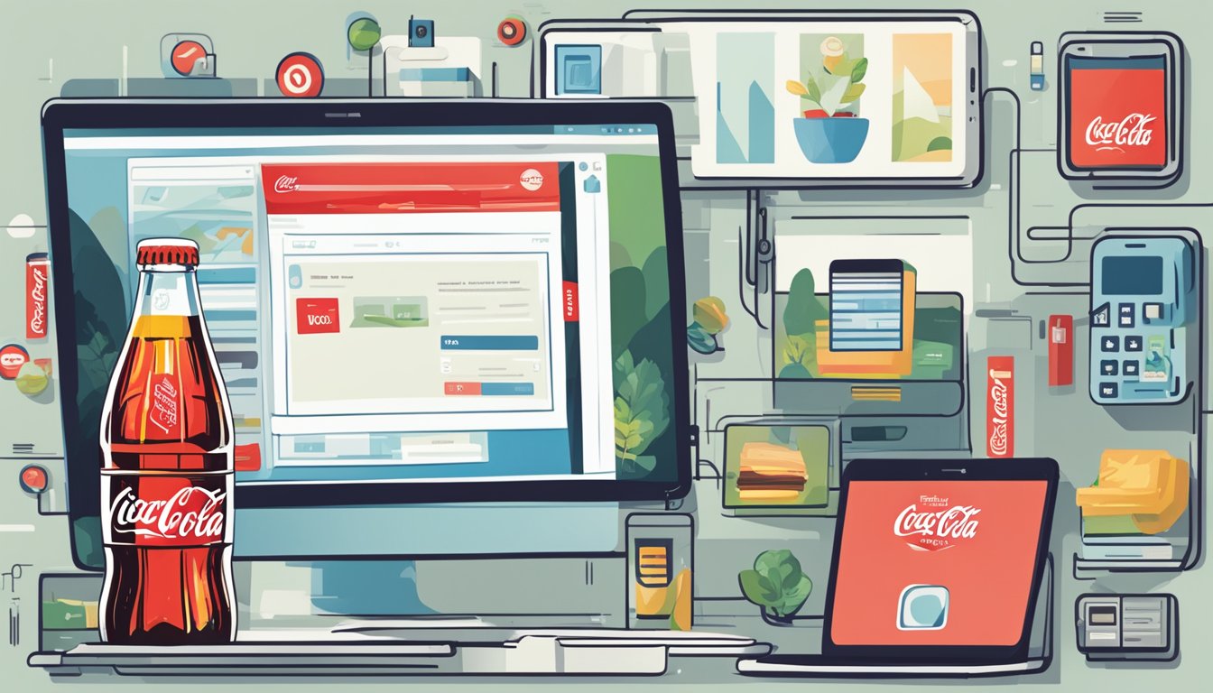 A computer screen displaying a website with a "buy now" button for Coca Cola, surrounded by various digital payment options