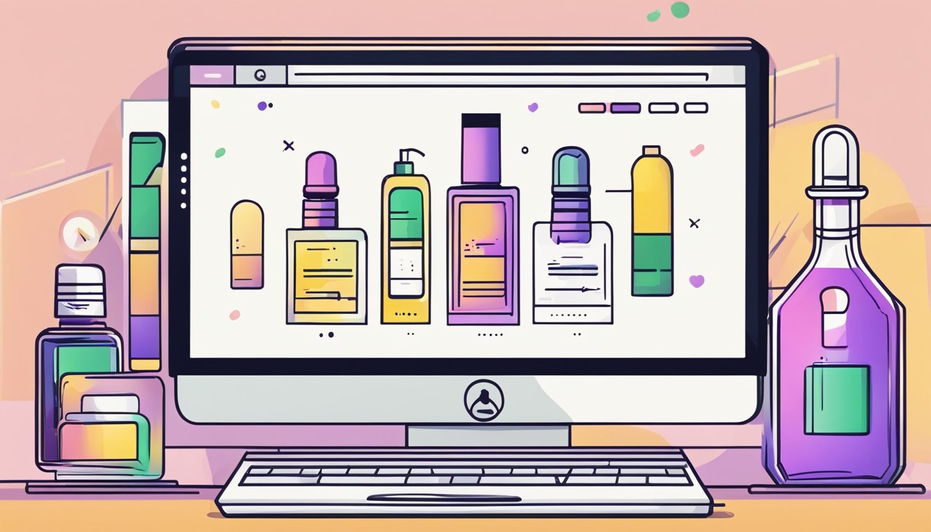 A computer screen displaying a website with various cologne options. A hand cursor clicks on a bottle and a "buy now" button