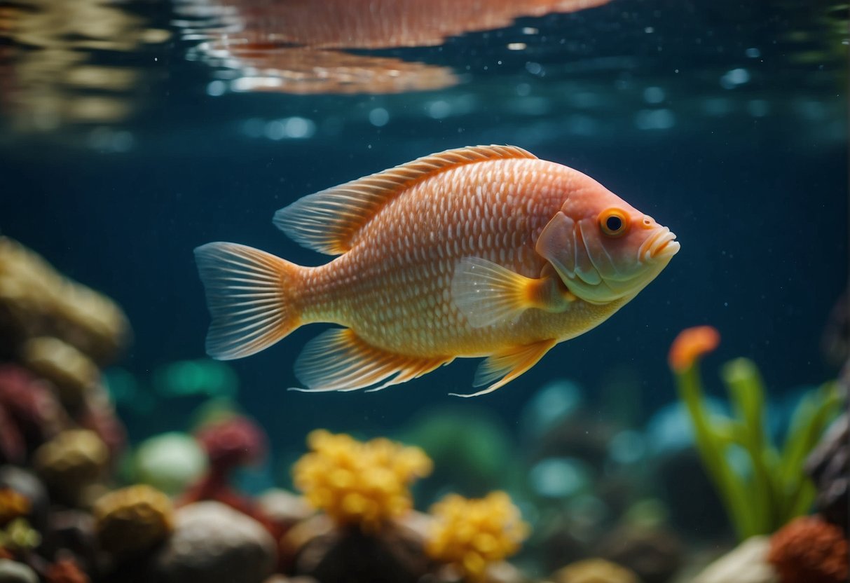 A red tilapia swims gracefully through a vibrant underwater landscape, surrounded by colorful Chinese ingredients like ginger, garlic, and green onions