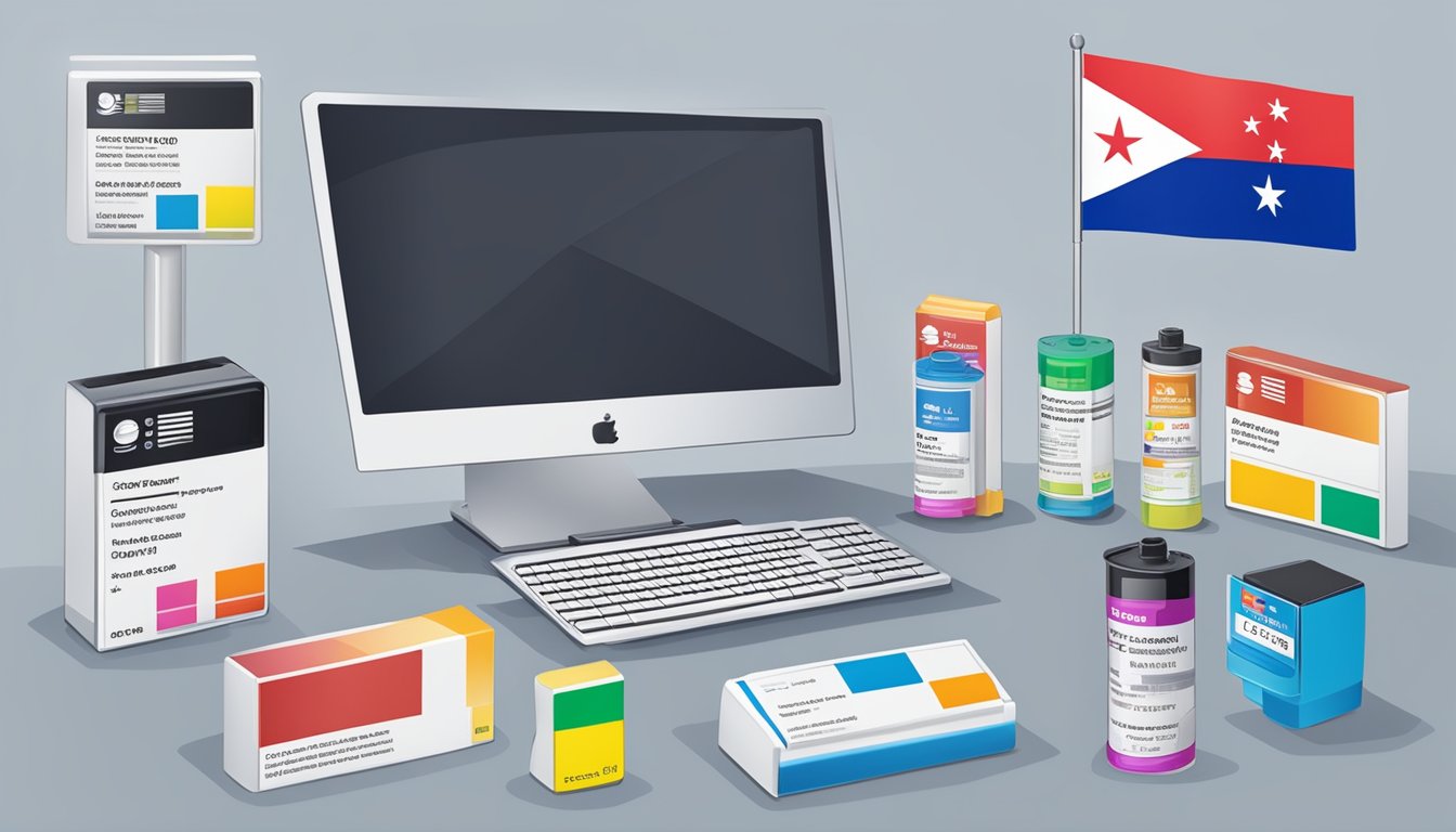 A computer screen displaying a variety of printer ink cartridges with prices, a secure payment option, and a Singapore flag icon
