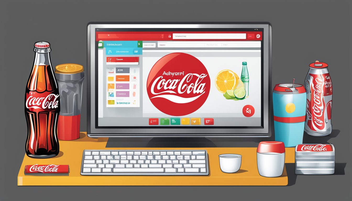 A computer screen showing a website with the Coca-Cola logo, a "Buy Now" button, and various product options