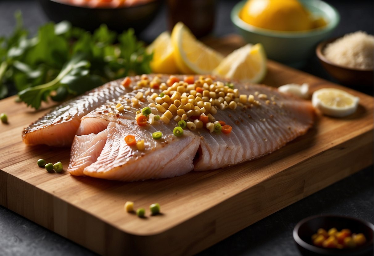 Red tilapia fillets being marinated in soy sauce, ginger, and garlic. Vegetables being chopped and arranged on a cutting board. Spices and herbs ready for seasoning