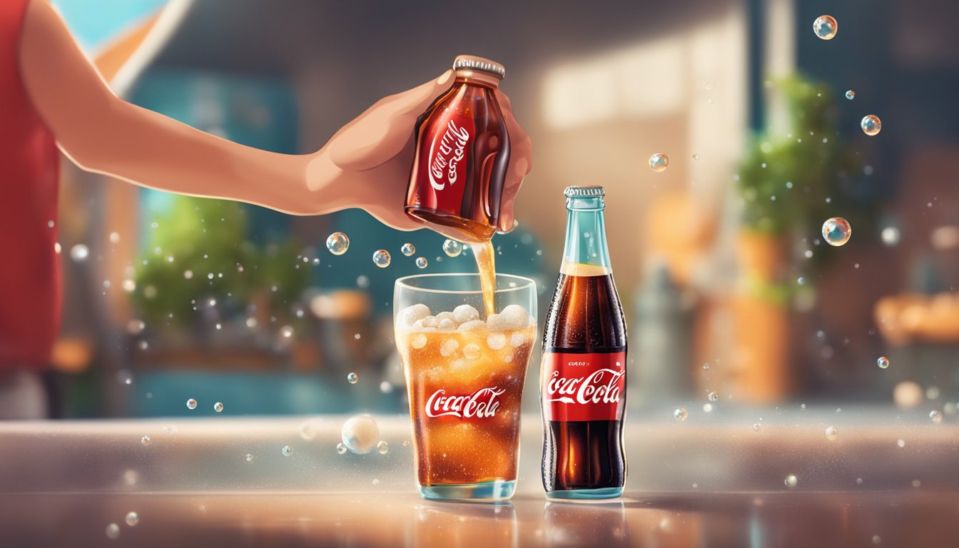 A hand holding a freshly opened bottle of Coca Cola, with bubbles fizzing and a satisfied customer smiling in the background