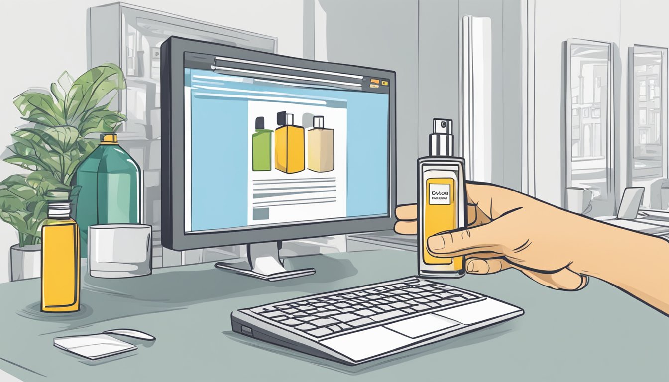 A hand reaches out to a computer, clicking "buy cologne online." A package arrives, unveiling a bottle of scent