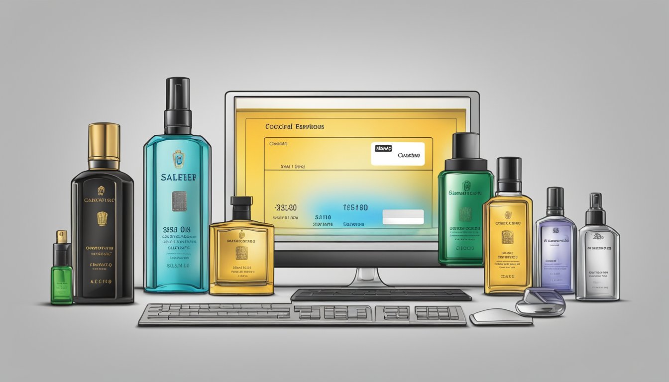 A computer screen displaying a variety of cologne bottles, a credit card, and a shipping address