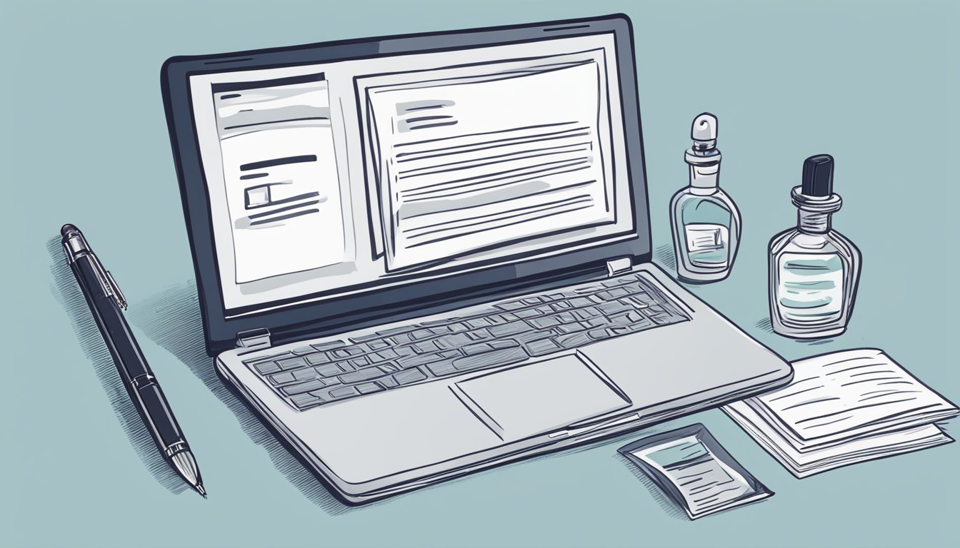 A laptop open to a website with "Frequently Asked Questions" about buying cologne online. A hand-written list of questions and a pen sit next to it