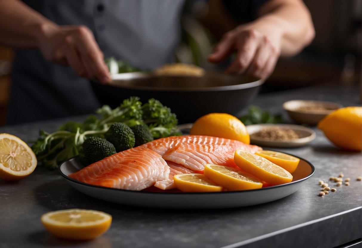 A chef fillets a red tilapia with a sharp knife, while a pot of hot oil waits nearby for frying. Vegetables and spices sit on the counter