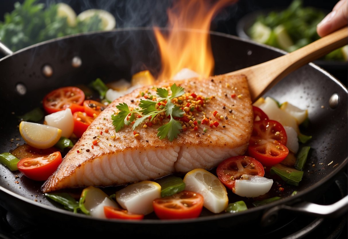 A sizzling red tilapia fillet is being pan-fried in a wok with a mix of Chinese spices and herbs, creating a burst of aromatic flavors