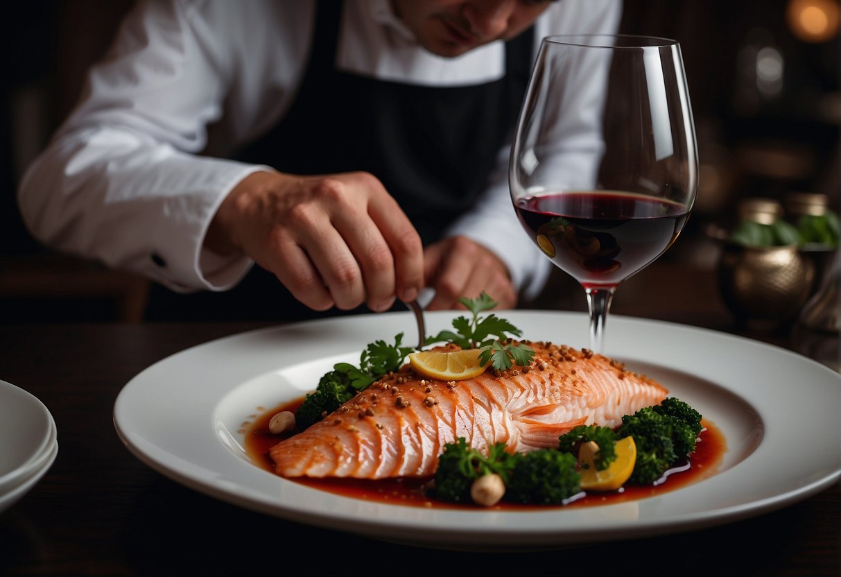 A chef prepares red tilapia with Chinese spices, while a sommelier selects a wine to pair with the dish