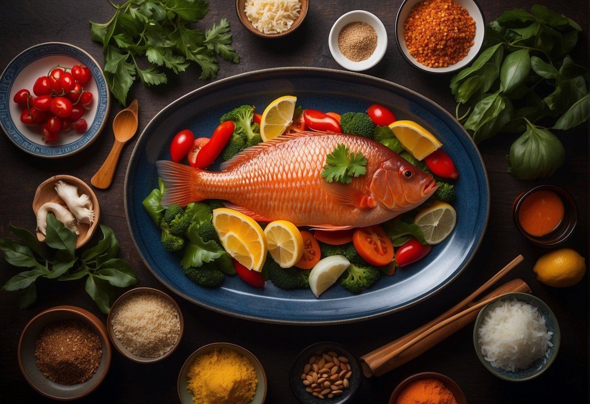 A red tilapia swimming in a Chinese-inspired dish, surrounded by traditional ingredients and cooking utensils