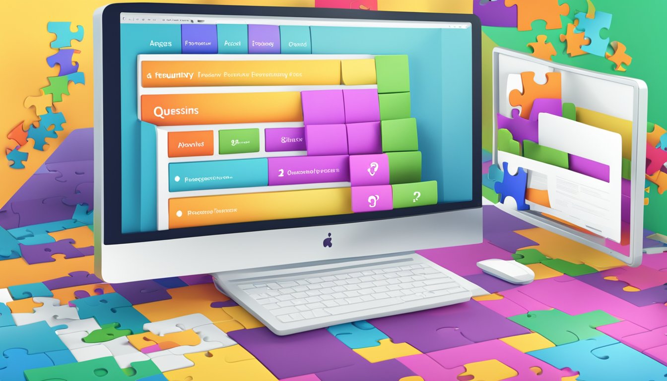 A computer screen with a "Frequently Asked Questions" webpage open, surrounded by colorful jigsaw puzzles