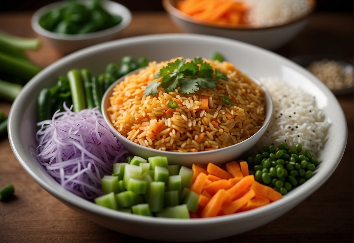 A bowl of steaming Chinese mustard rice, surrounded by colorful ingredients like sliced green onions, shredded carrots, and sesame seeds