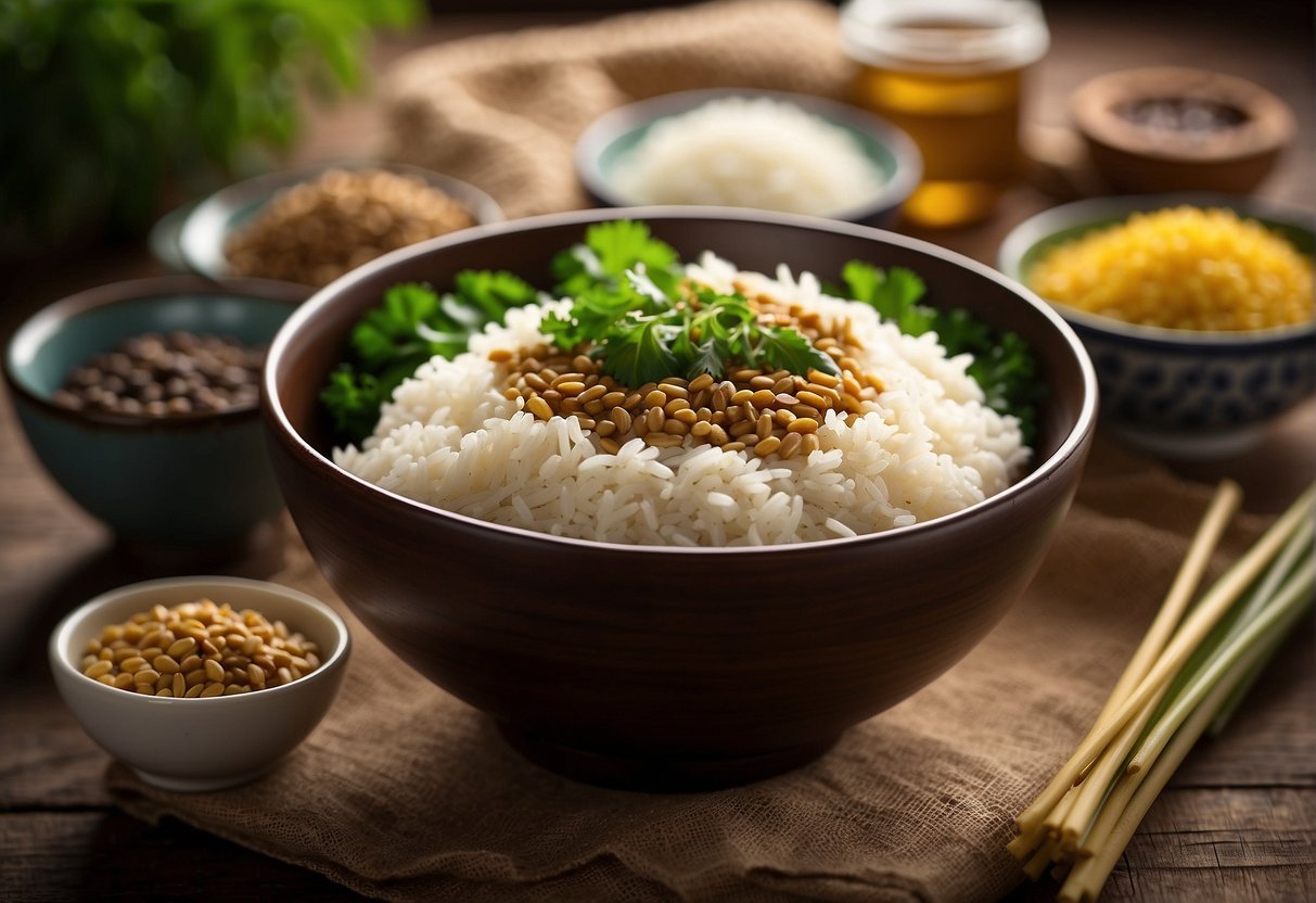 A bowl of Chinese mustard rice sits on a wooden table, surrounded by ingredients like rice, Chinese mustard greens, soy sauce, and sesame oil