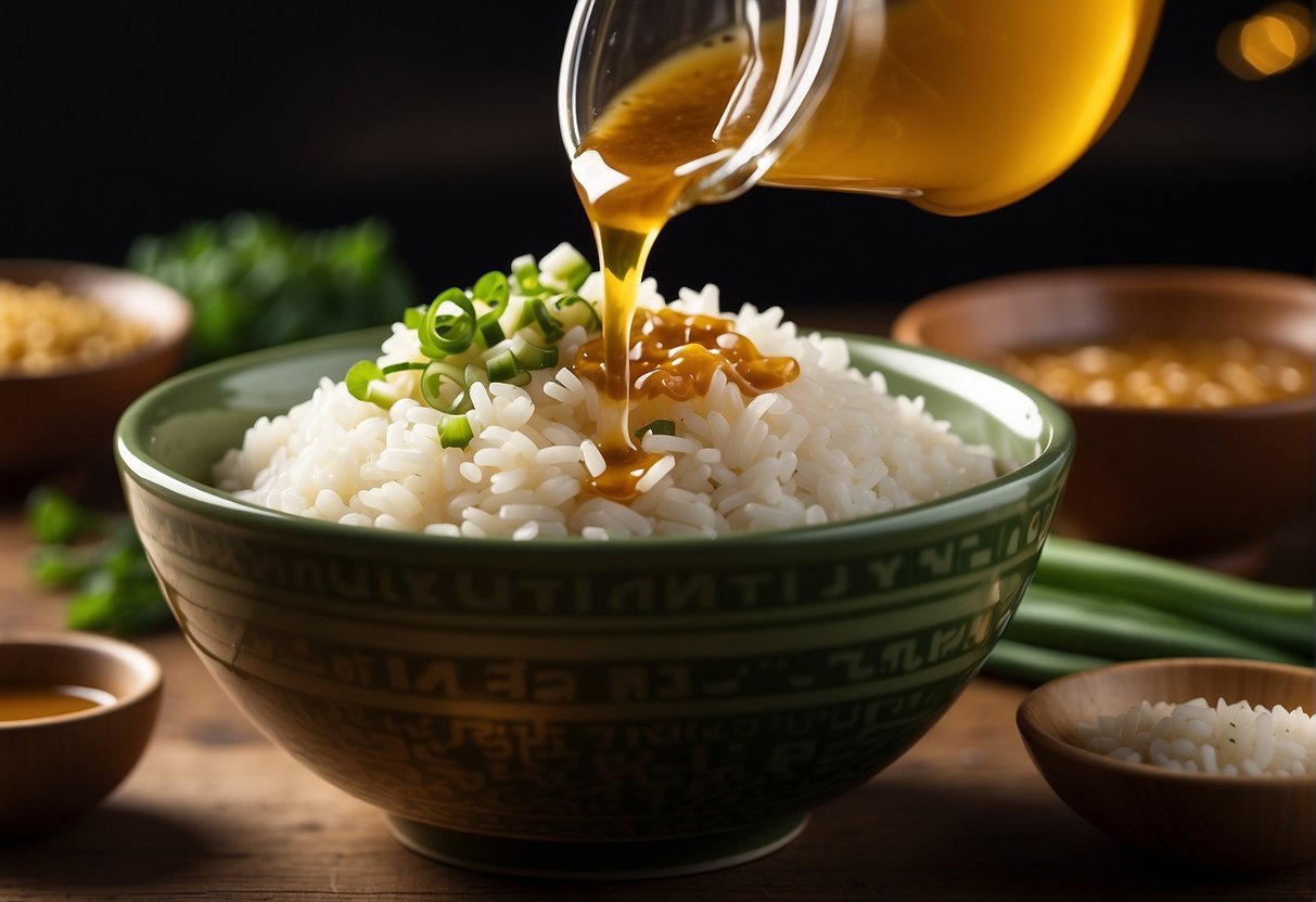 A bowl of cooked rice with Chinese mustard sauce being poured over it, surrounded by ingredients like soy sauce, sesame oil, and green onions