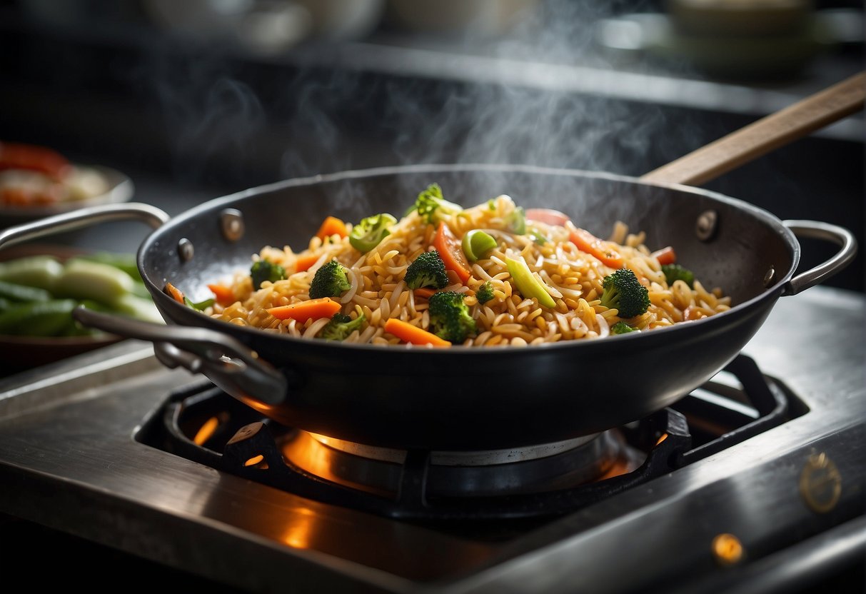 A wok sizzles as Chinese mustard rice is stir-fried with soy sauce and vegetables. Steam rises, filling the kitchen with aromatic flavors