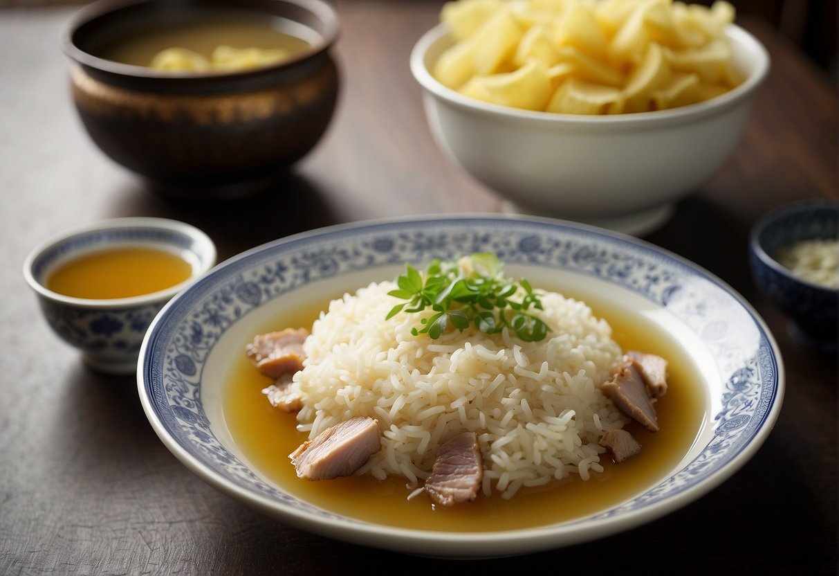 A bowl of steaming Chinese mustard rice sits next to a plate of sliced roast duck and a pot of fragrant jasmine tea