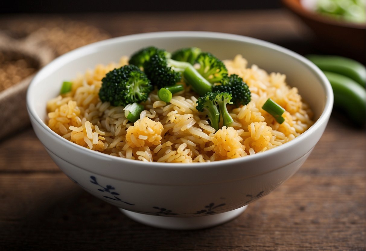 A bowl of Chinese mustard rice with a side of steamed vegetables, accompanied by a small dish of soy sauce