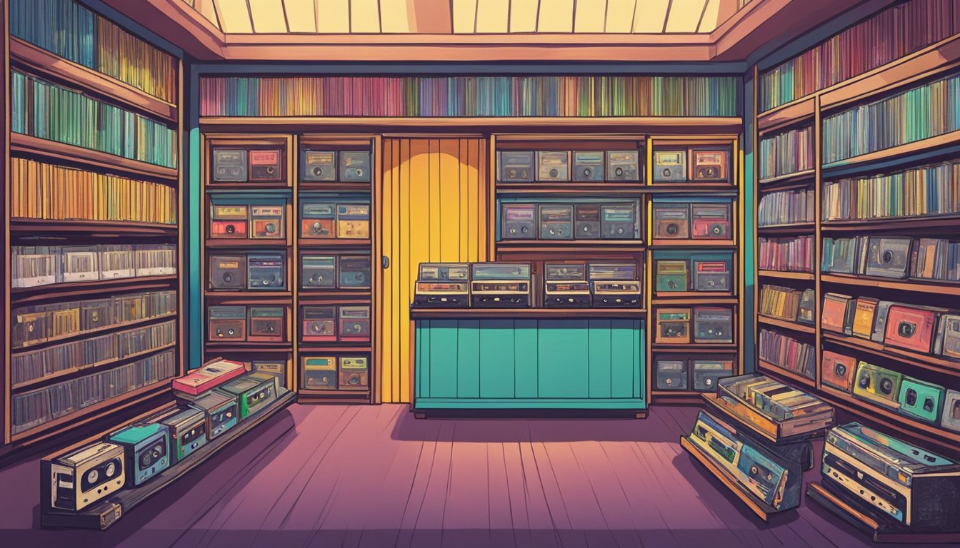 A cozy record store in Singapore displays rows of vintage cassette tapes, neatly organized on shelves. Bright lights illuminate the colorful album covers, creating a nostalgic and inviting atmosphere for music enthusiasts