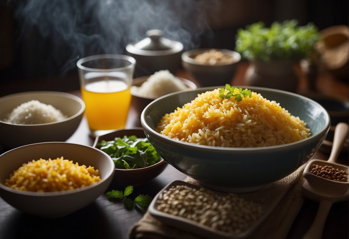 A bowl of steaming Chinese mustard rice surrounded by ingredients and utensils on a kitchen counter