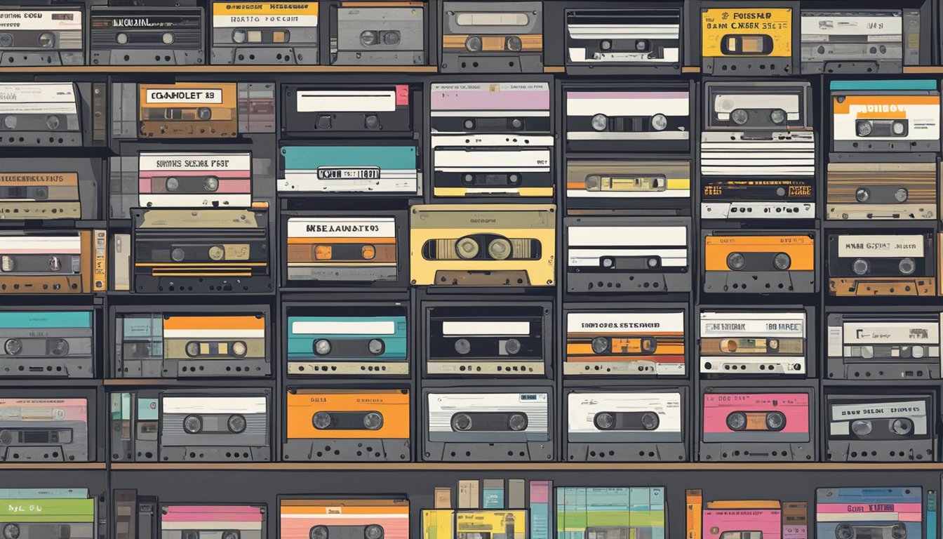 A display of various cassette tapes with labels indicating quality and selection, in a music store in Singapore