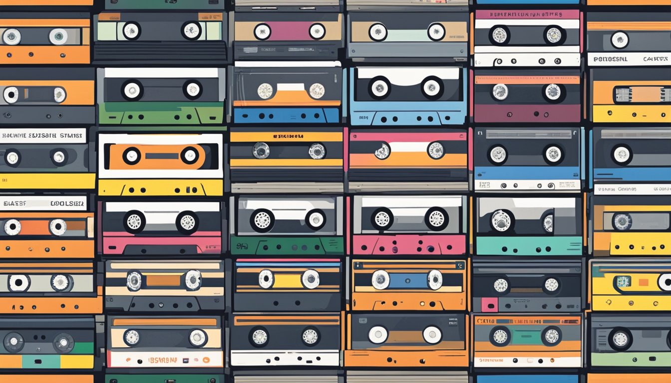 A store display featuring various cassette tapes with price tags in a bustling Singapore market